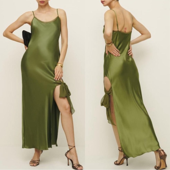 Reformation Malorie Silk Leaf Green Thigh Tie Maxi Dress Size 12 - Picture 3 of 12